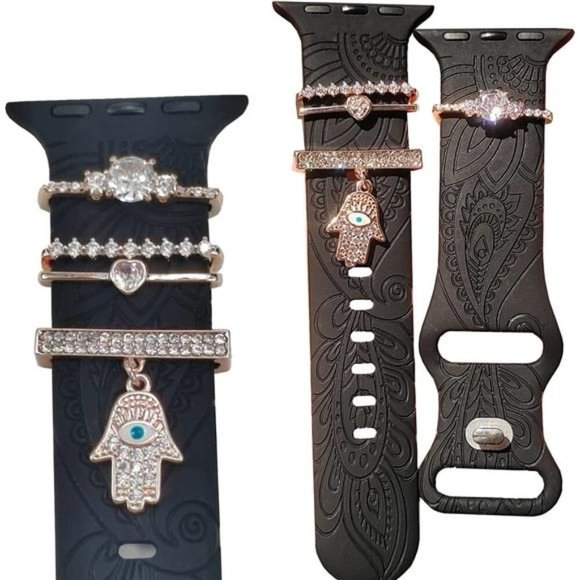 NEW Black Engraved Apple Watch Band with Charms